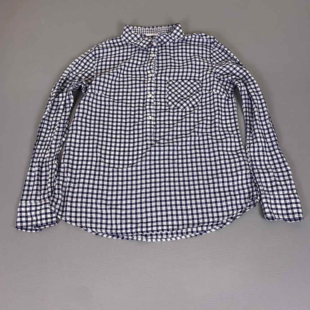 Merona Popover Shirt Women's Size Large L Navy Blue White Gingham Check Cotton